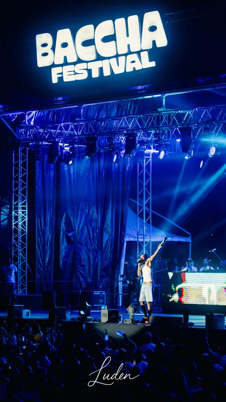 La grande scène du Baccha Festival, éclairée en bleu, vue depuis le public.